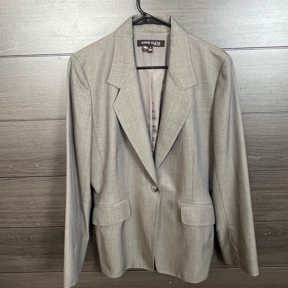 Anne Klein Women Blazer Wool Silk Lined Gray Career‎ Jacket Size 8 Chic